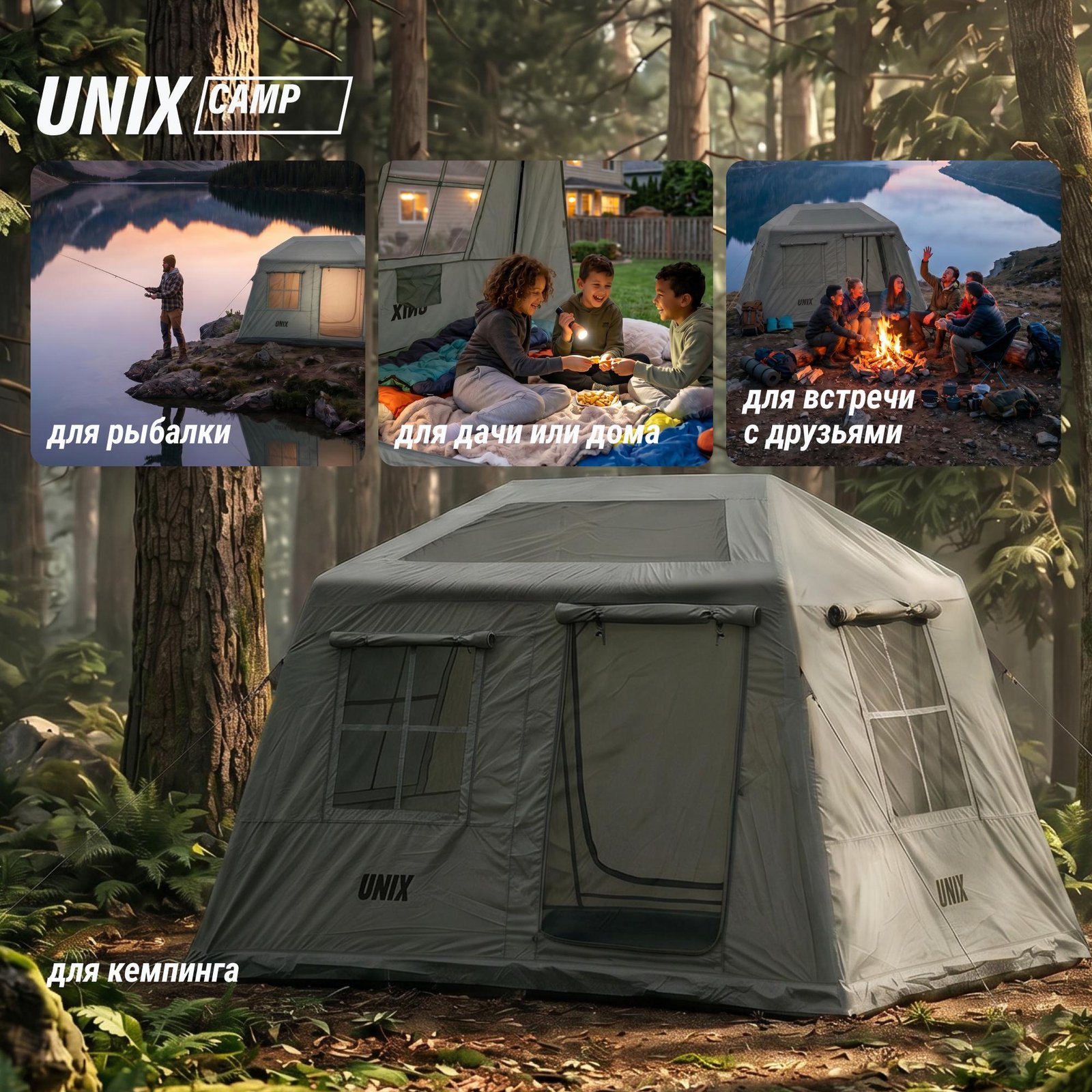 Надувная палатка UNIX Camp Vega 3х2 серый (+ навес)