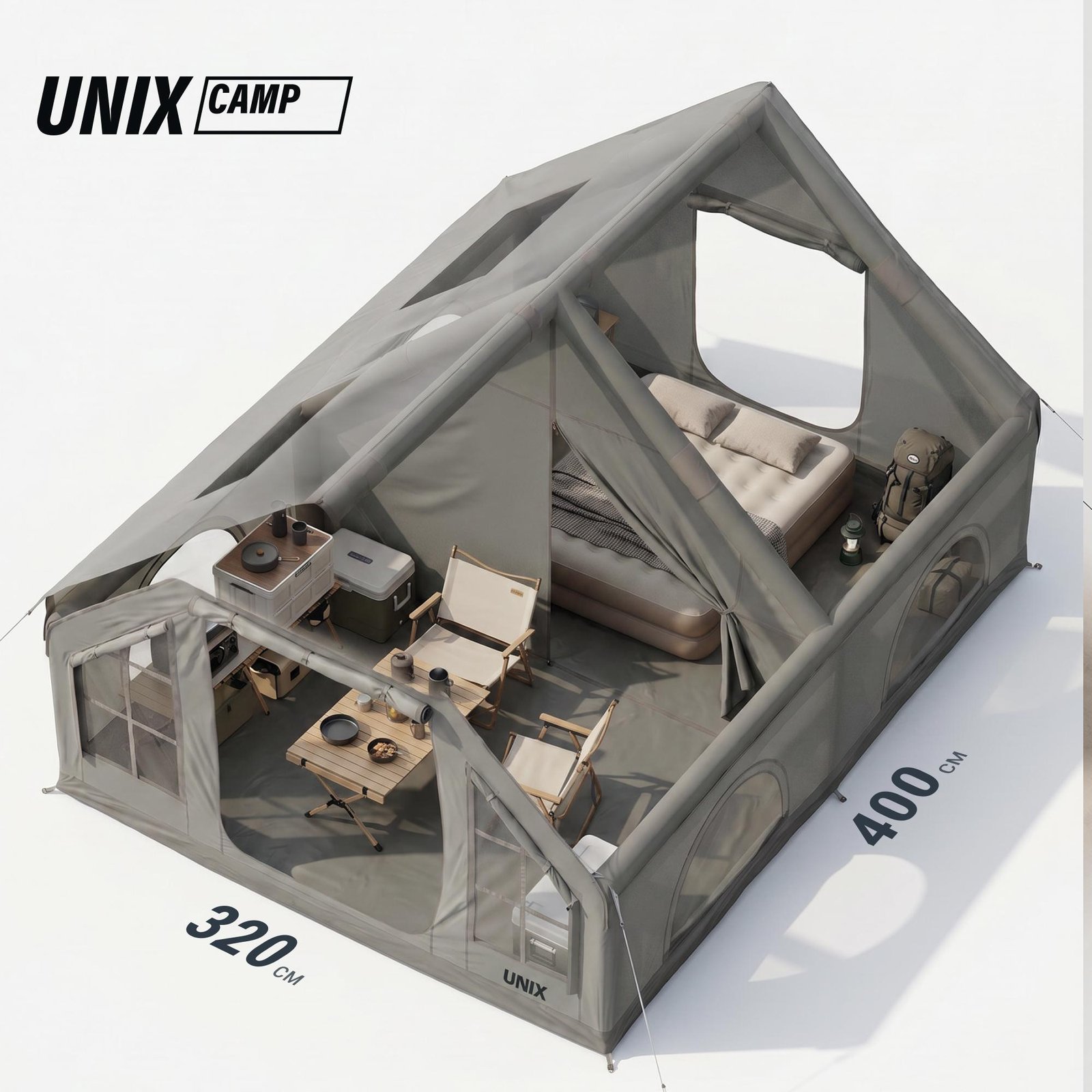 Надувная палатка UNIX Camp Sirius 4х3 серый (+ навес)