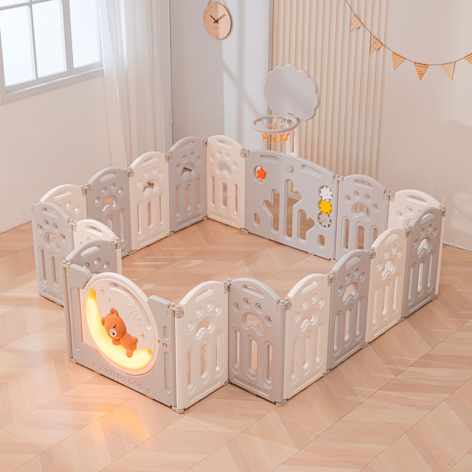 Манеж UNIX Kids Deluxe / Делюкс серый, 150x180 cм, с баскетбольным кольцом и ковриком