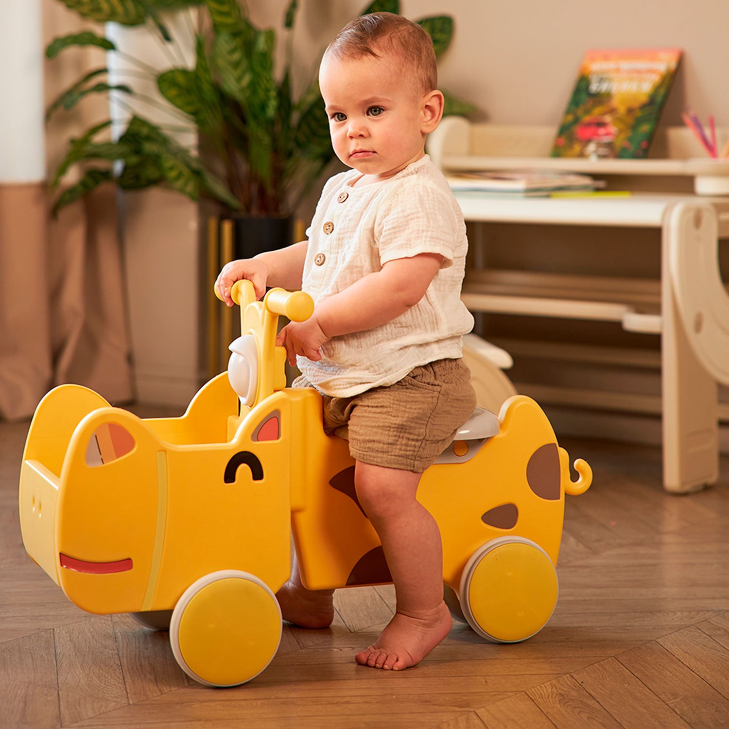 Машинка-каталка с корзиной UNIX Kids Hippo / Бегемот желтый