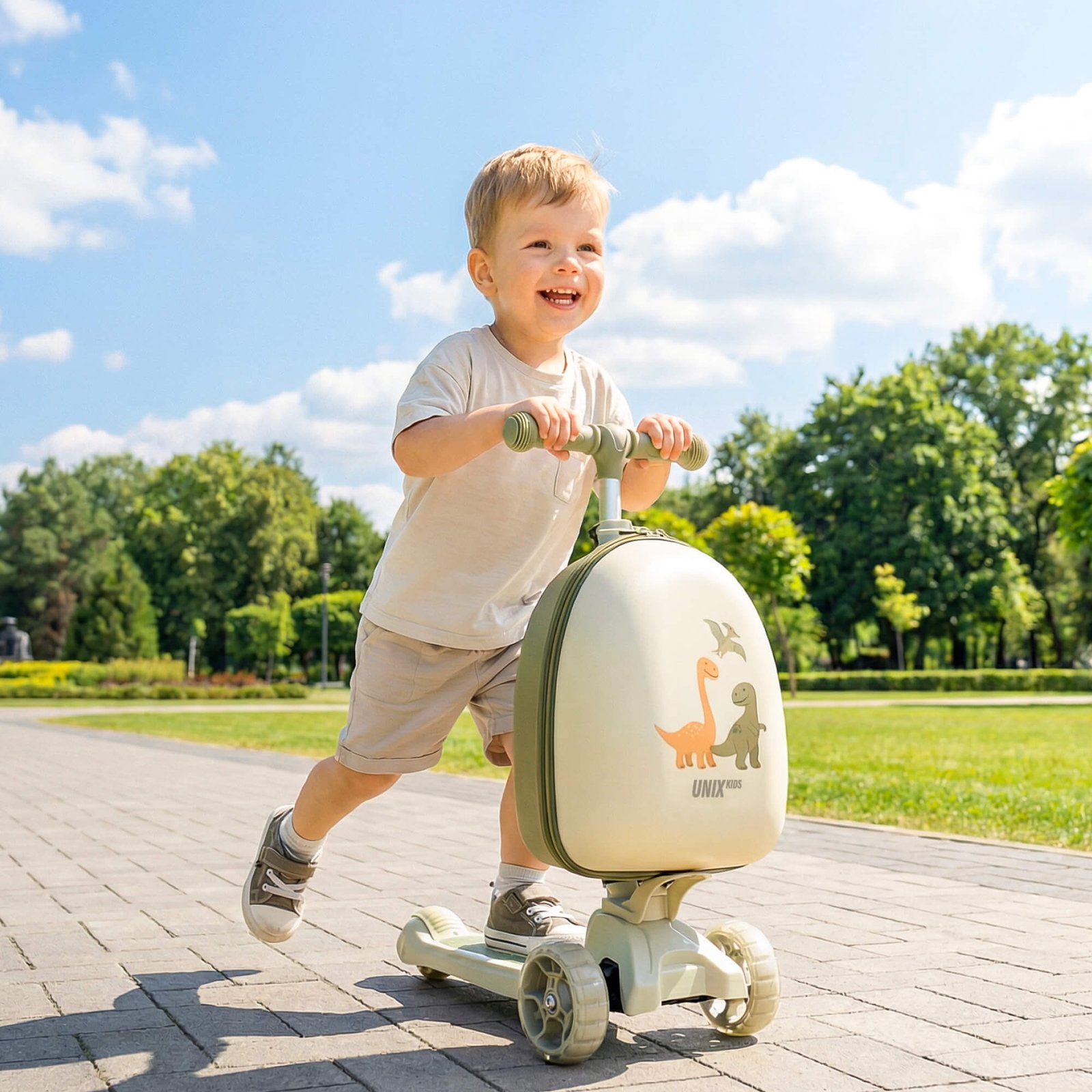 Самокат UNIX Kids Backpack Dino / Дино с рюкзаком бежевый
