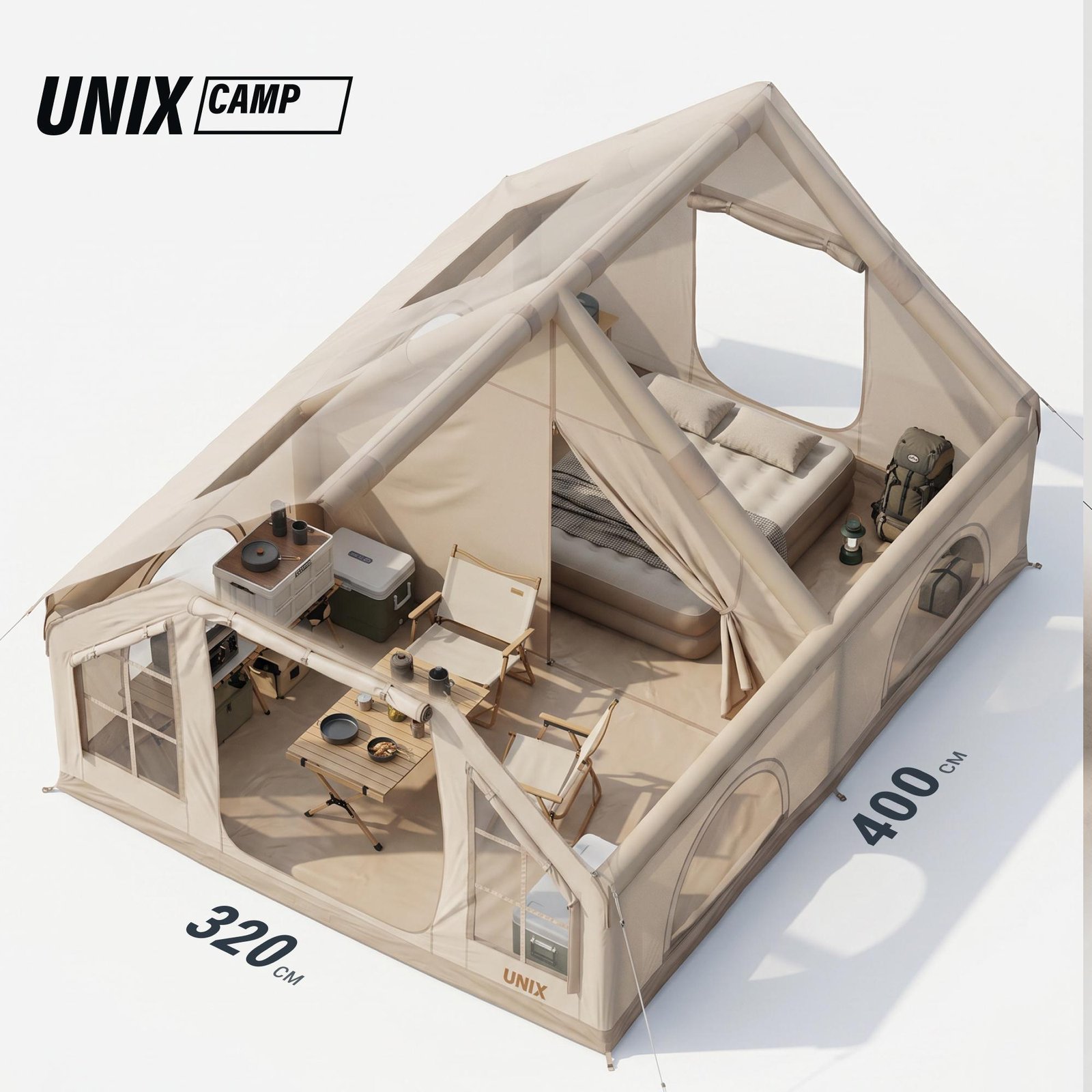 Надувная палатка UNIX Camp Sirius 4х3 бежевый (+ навес)