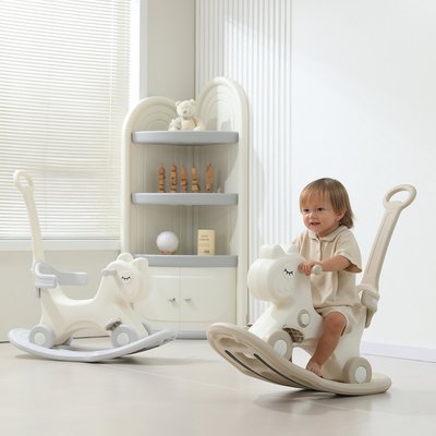 Лошадка-качалка-беговел с ручкой UNIX Kids Dino / Дино бежевый