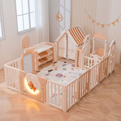 Манеж UNIX Kids DeLuxe House&Storage / Делюкс дом и стеллаж бежевый, 150 x 180 см, с игровым домиком, баскетбольной стойкой, доской для рисования, качелями + место для хранения игрушек