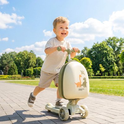 Самокат UNIX Kids Backpack Dino / Дино с рюкзаком бежевый