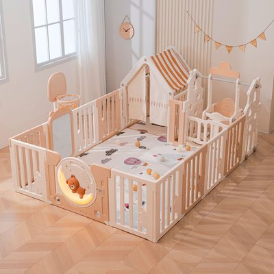 Манеж UNIX Kids DeLuxe House / Делюкс Дом бежевый, 150 x 180 см, с баскетбольной стойкой, доской для рисования, качелями