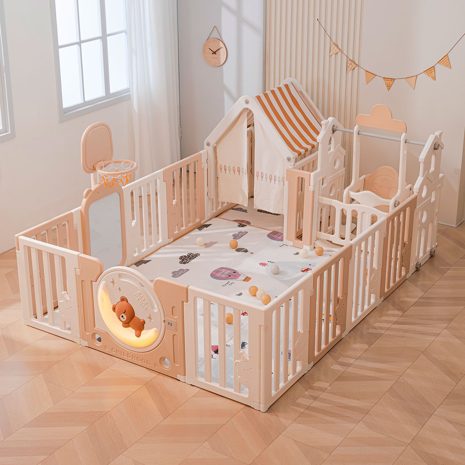 Манеж UNIX Kids DeLuxe House / Делюкс Дом бежевый, 150 x 180 см, с баскетбольной стойкой, доской для рисования, качелями